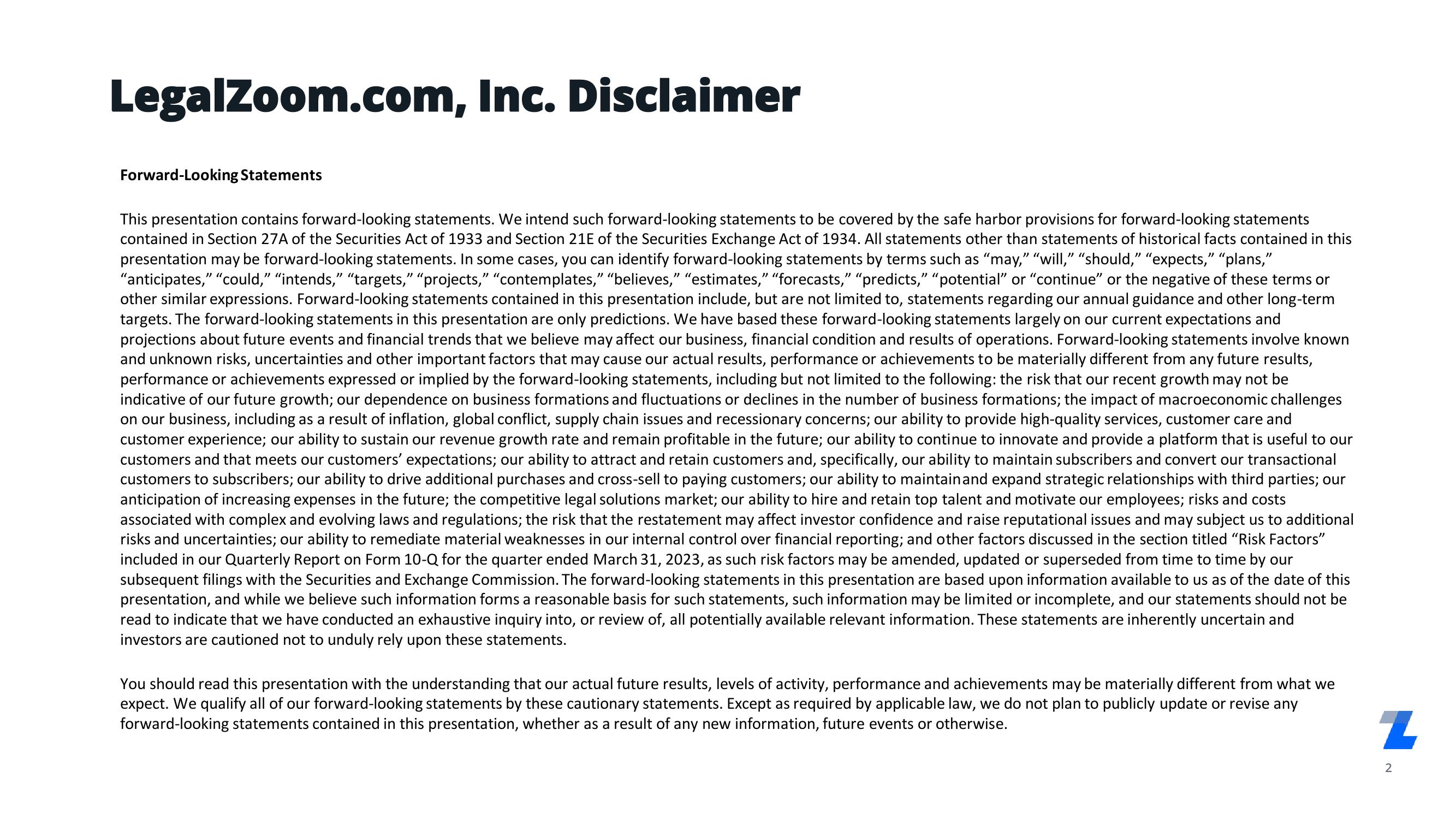 LegalZoom.com Results Presentation Deck slide image #2