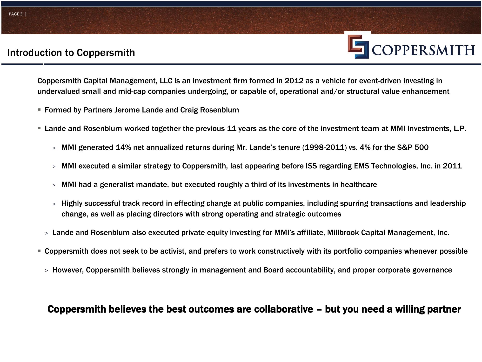 Coppersmith Presentation to Alere Inc Stockholders slide image #4