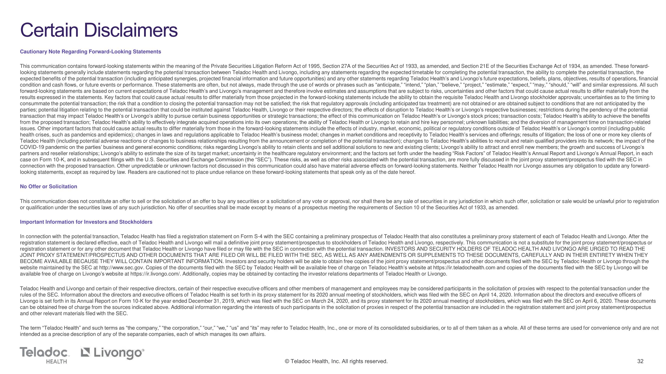 Teladoc Mergers and Acquisitions Presentation Deck slide image #32