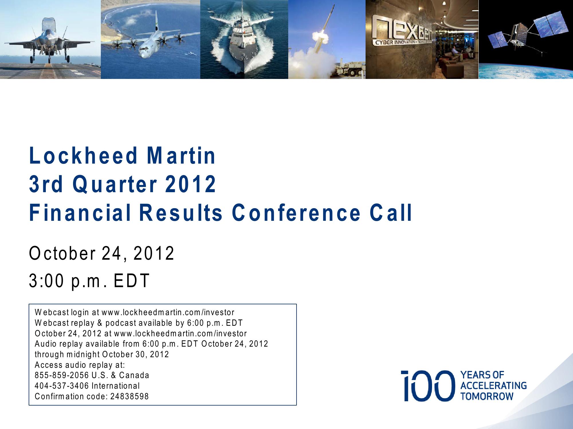 Lockheed Martin 3rd Quarter 2012 Financial Results Conference Call image