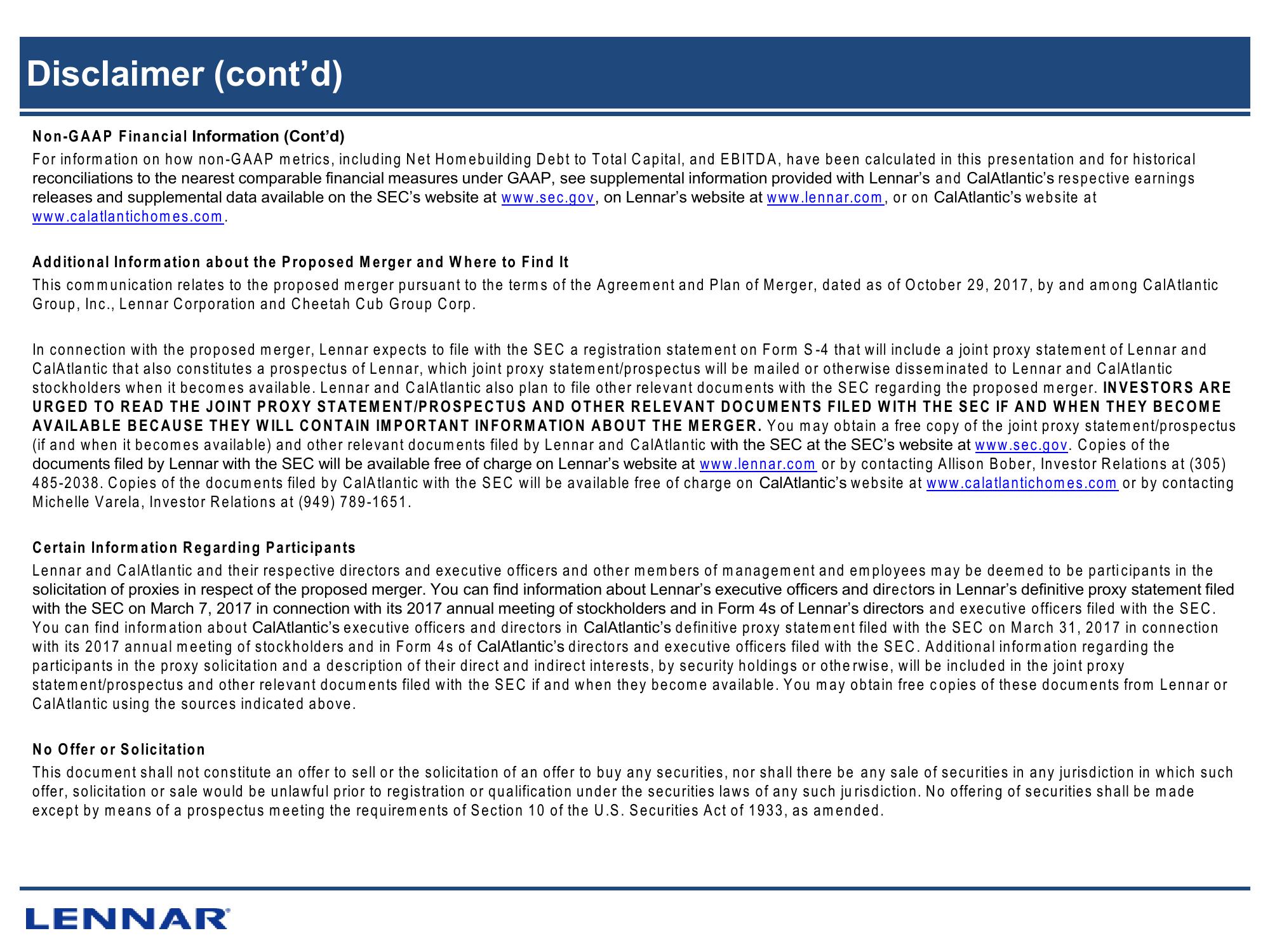 Lennar’s Strategic Business Combination With CalAtlantic slide image #3