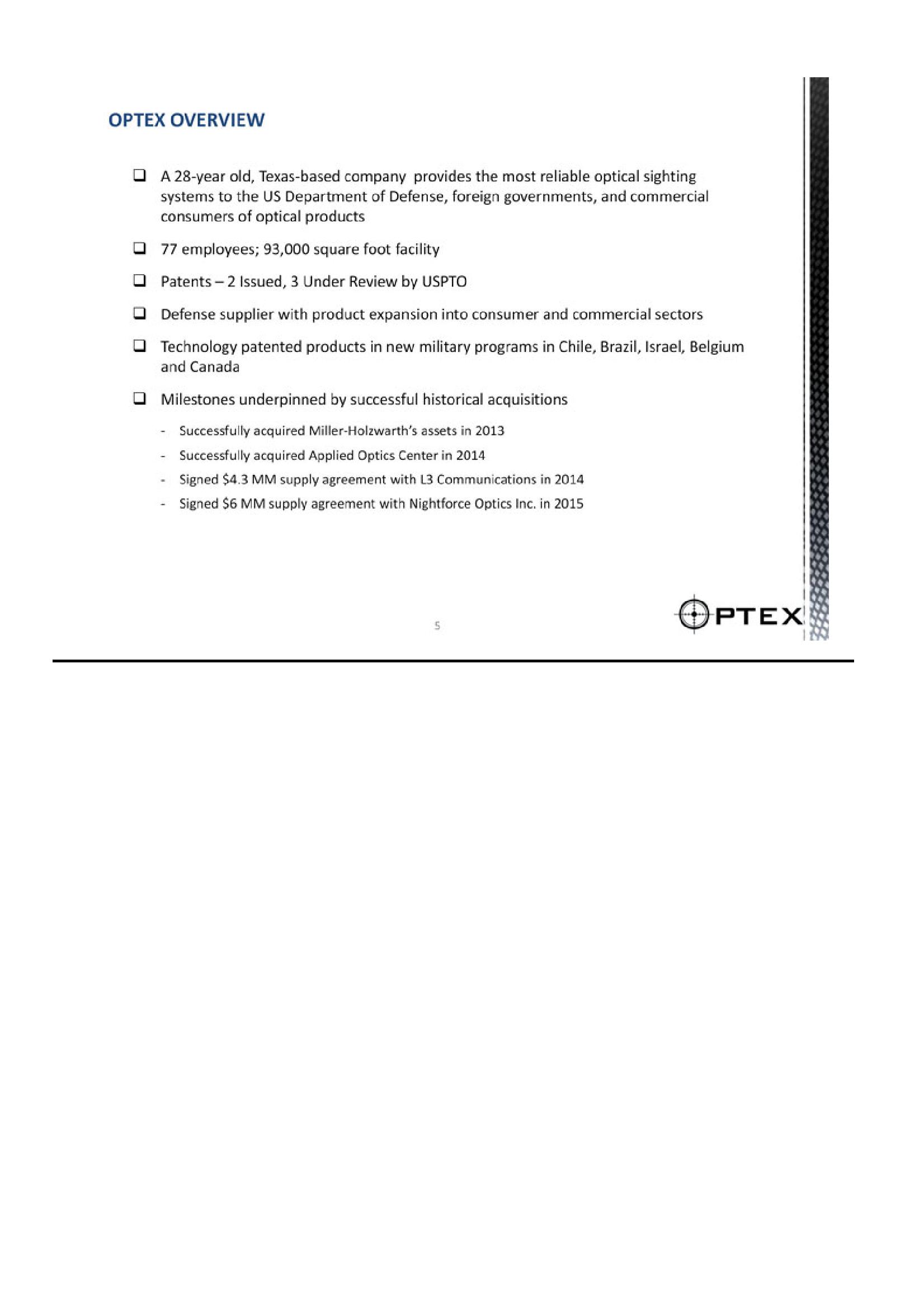 Optex Systems Holdings Investment Overview slide image #5