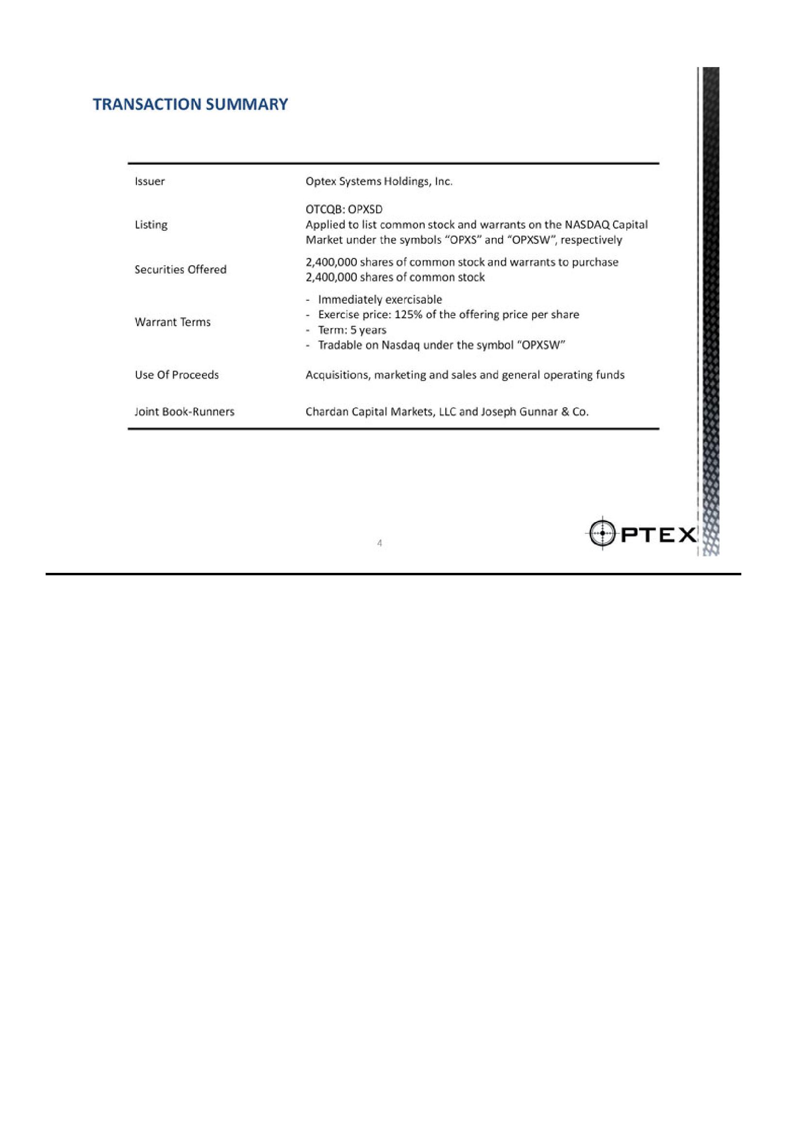 Optex Systems Holdings Investment Overview slide image #4