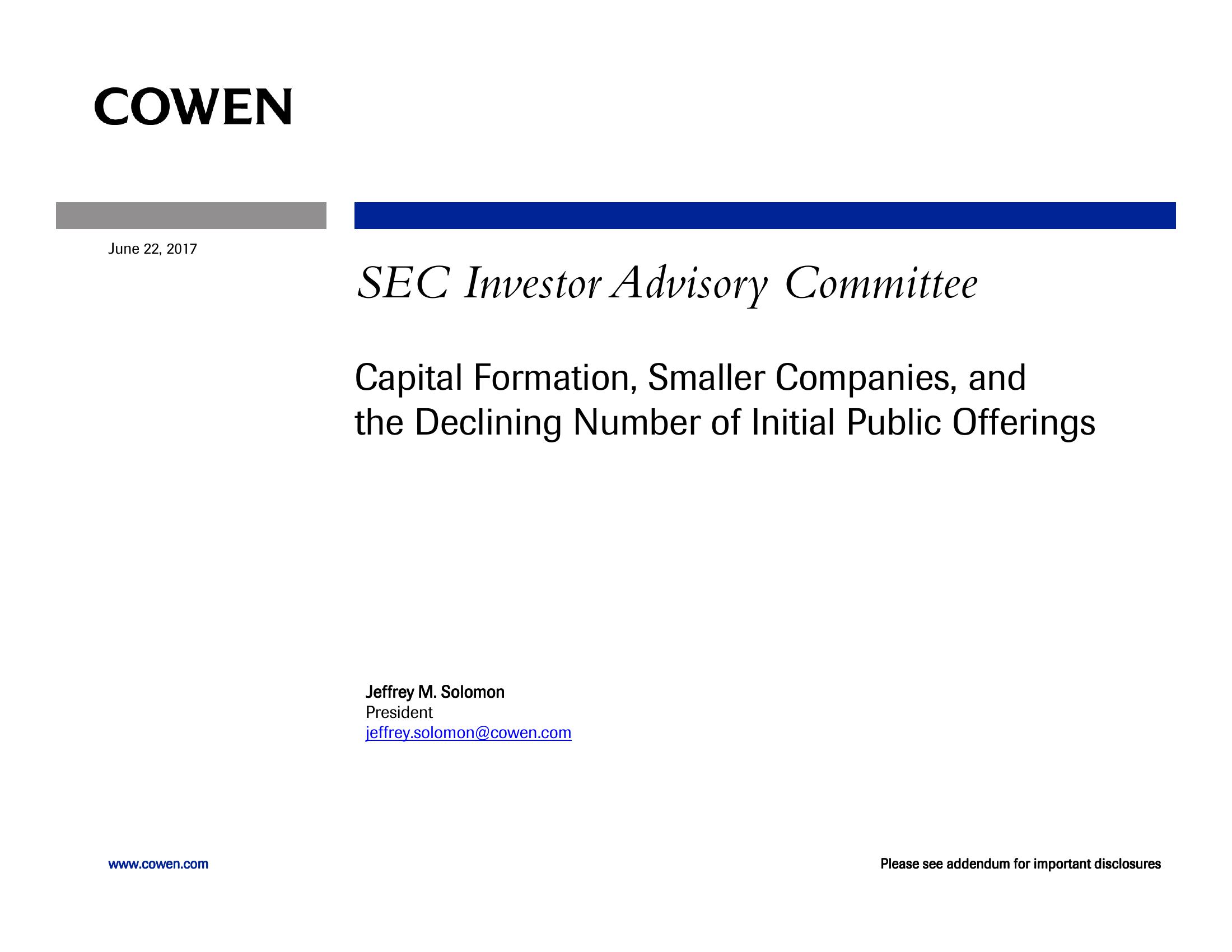 SEC Investor Advisory Committee Capital Formation, Smaller Companies, and the Declining Number of Initial Public Offerings image