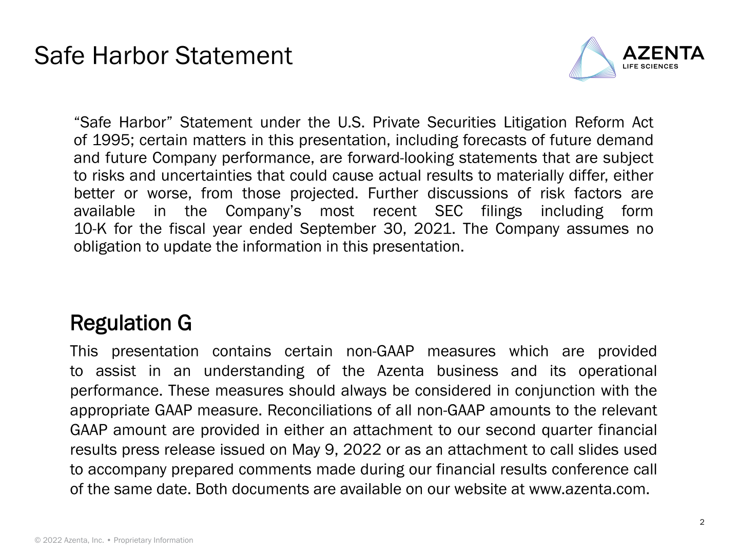 Conference Call Azenta Life Sciences Second Quarter FY22 Preliminary Financial Results slide image #3