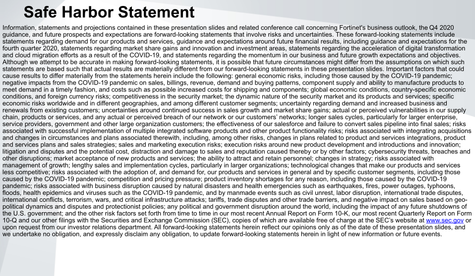 Fortinet Q3 2020 Financial Results slide image #3