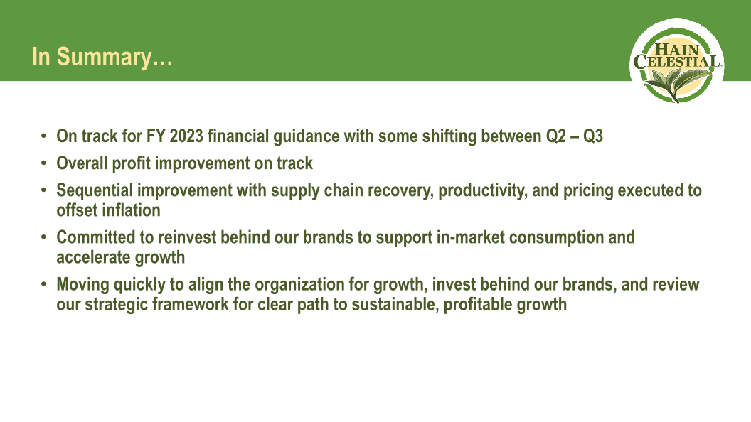 Hain Celestial Second Quarter Fiscal Year 2023 Financial Results slide image #13