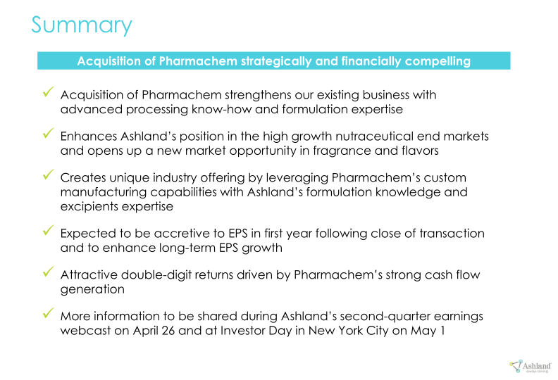 Ashland Global Holdings Inc. Announces Agreement to Acquire Pharmachem Laboratories, Inc. slide image #10