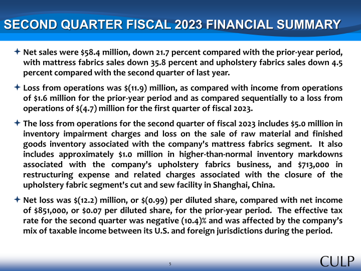 Second Quarter Fiscal 2023 Summary Financial Information slide image #6