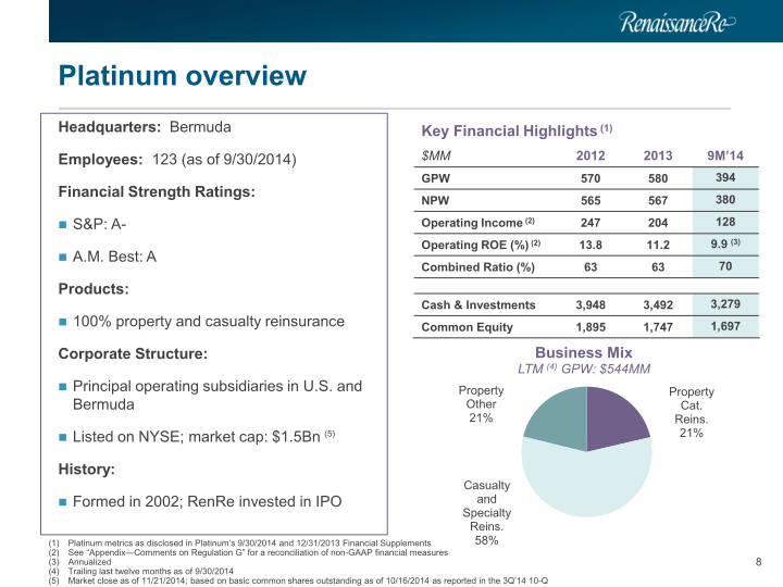 Renaissance Re Agreed Acquisition of Platinum Underwriters Investor Presentation slide image #9