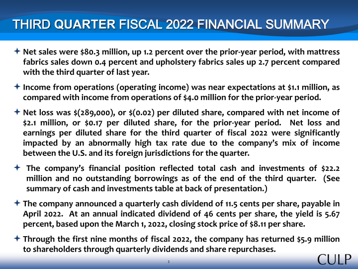 Culp, Inc. Third Quarter Fiscal 2022 Summary Financial Information slide image #3