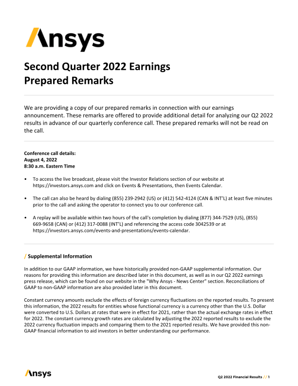 ANSYS Second	Quarter	2022	Earnings Prepared	Remarks image