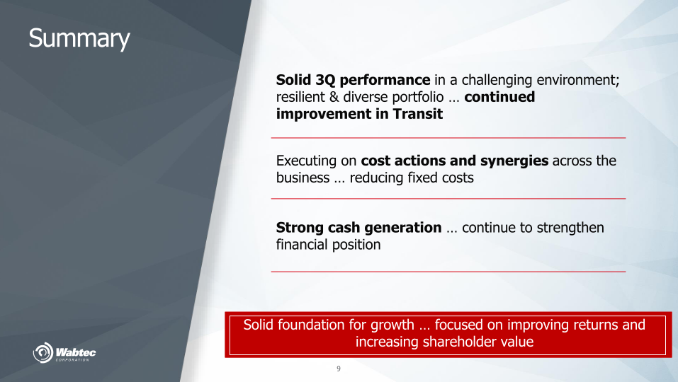 Wabtec 3rd Quarter 2020 Financial Results & Company Highlights slide image #10