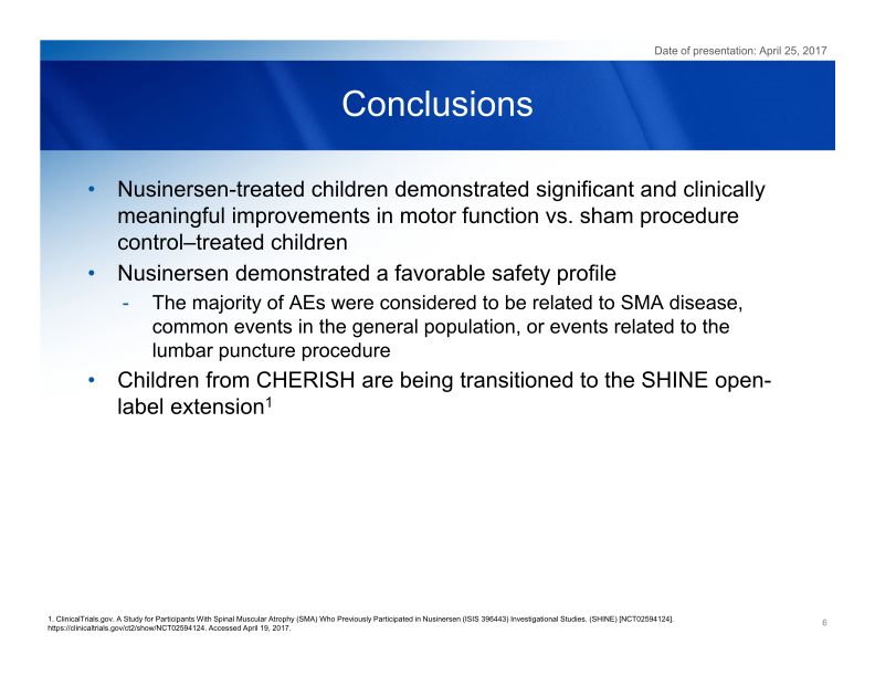 Efficacy and Safety of Nusinersen in Children With Later-Onset Spinal Muscular Atrophy (SMA): End of Study Results From the Phase 3 CHERISH Study slide image #7